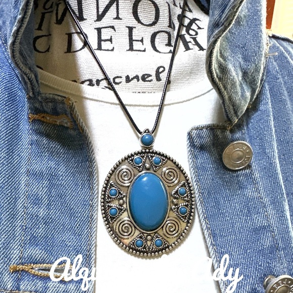 Blue and Silver Pendant Necklace with Intricate Design faux turquoise cord - Picture 1 of 2